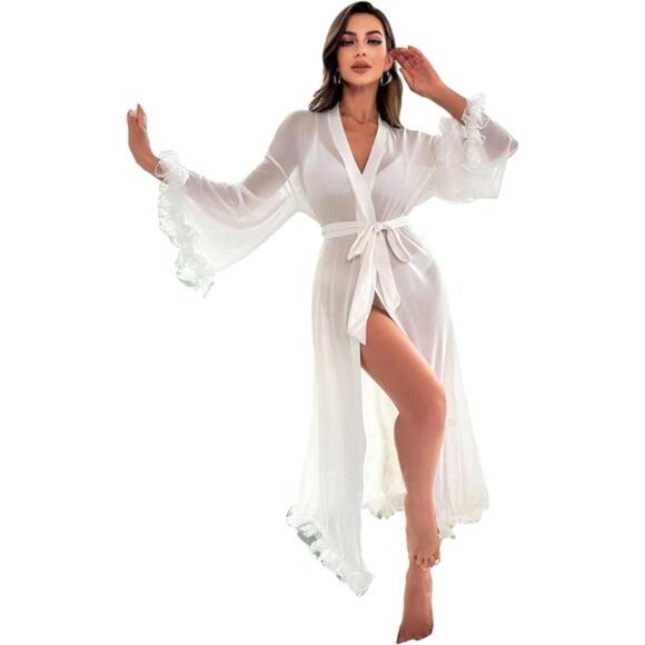 Women's Mesh Sheer Ruffle Trim Long Sleeve Belted See Through Robes - Picture 1 of 14